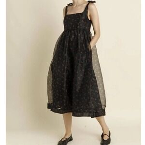 Aureum Floral Organza Midi Dress Black Rose Tie Shoulder Smocked Back XS NEW